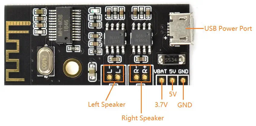 Bluetooth 4.2 Audio Receiver Board with Amplifier - Dimensions cropped