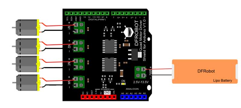 Quad DC Motor Driver Shield for Arduino- Click to Enlarge