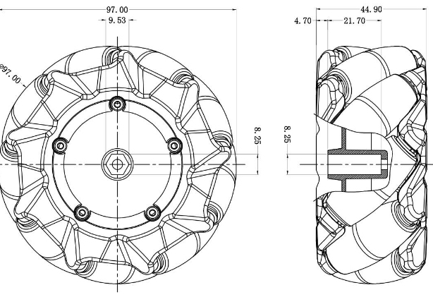 DFRobot Schwarzes Mecanum Rad (97 mm) - Links - Zum Vergrößern klicken