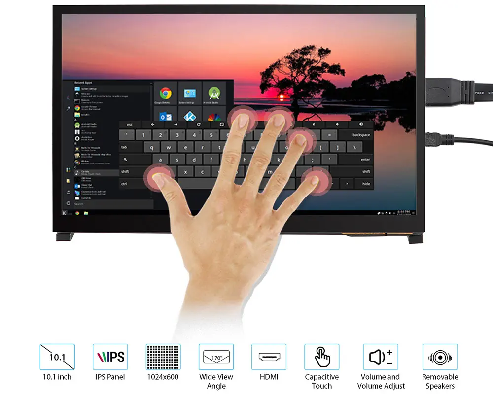 Moniteur tactile capacitif HDMI RC101S 10,1 pouces 1024 x 600 IPS avec haut-parleur et support - Cliquez pour agrandir