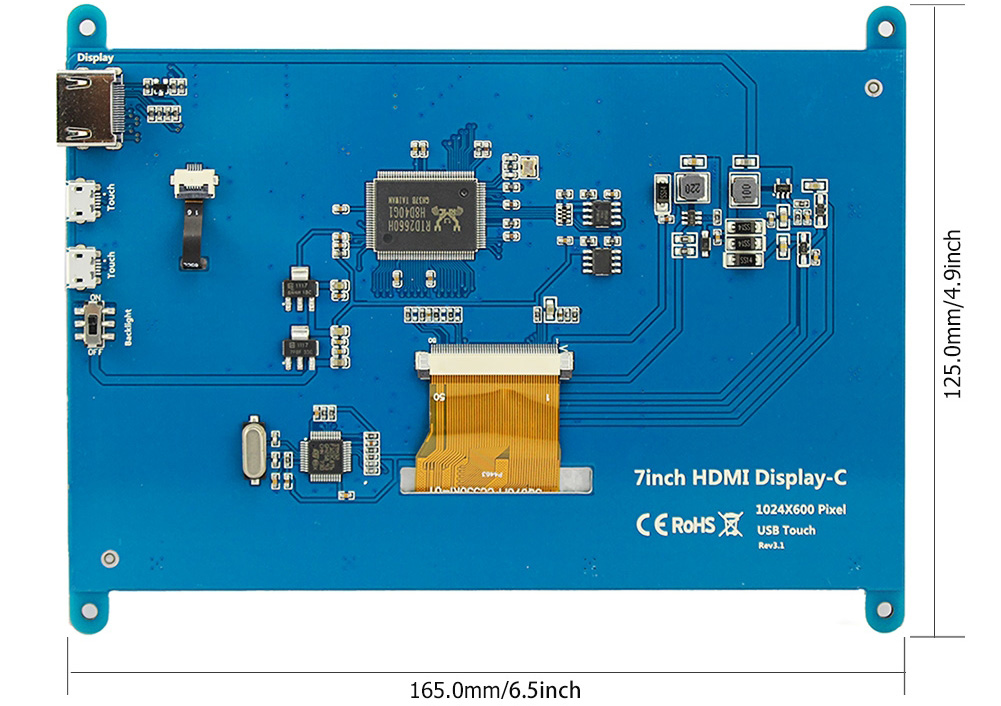 Elecrow RC070 7-Zoll-HDMI-LCD-Display 1.024 x 600 mit Touchscreen - Zum Vergrößern klicken