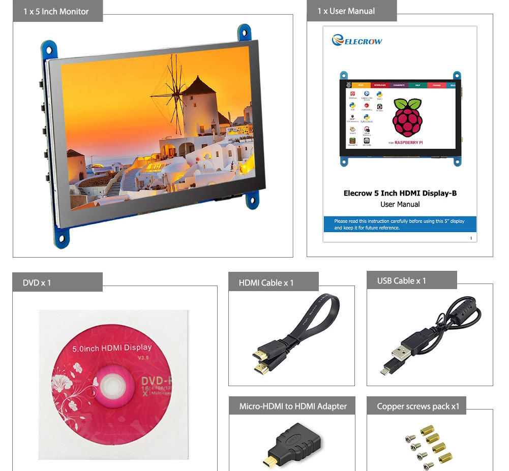 Elecrow RC050 5 inch HDMI 800x480 Capacitive Touch LCD Display - Click to Enlarge