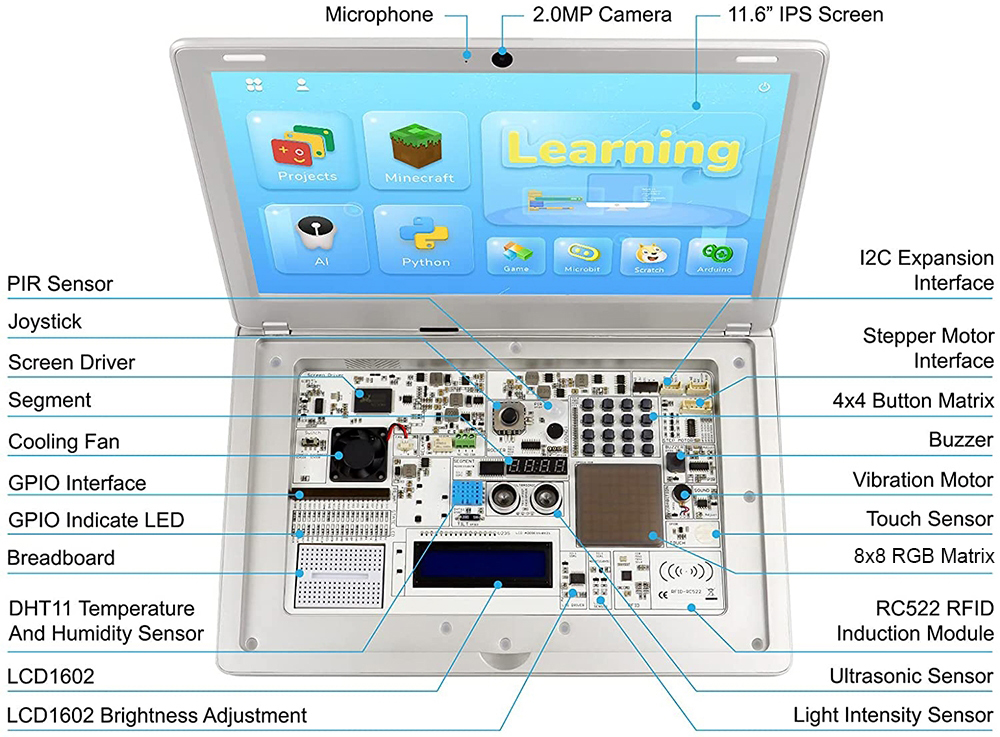 CrowPi2 Deluxe - Ordinateur portable Raspberry Pi tout-en-un et plate-forme d'apprentissage STEM (Argent) - Cliquez pour agrandir