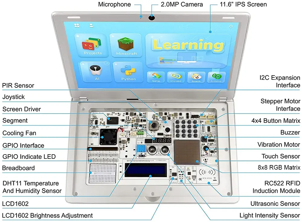 CrowPi2 Basic – All-in-One Raspberry Pi Laptop & MINT-Lernplattform (Silber) - Zum Vergrößern klicken