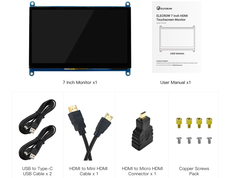 Monitor c/ Pantalla Táctil de 7 pulg 1024x600 HDMI RC070N para RPi 3B+/4B/Zero - Haga Clic para Ampliar
