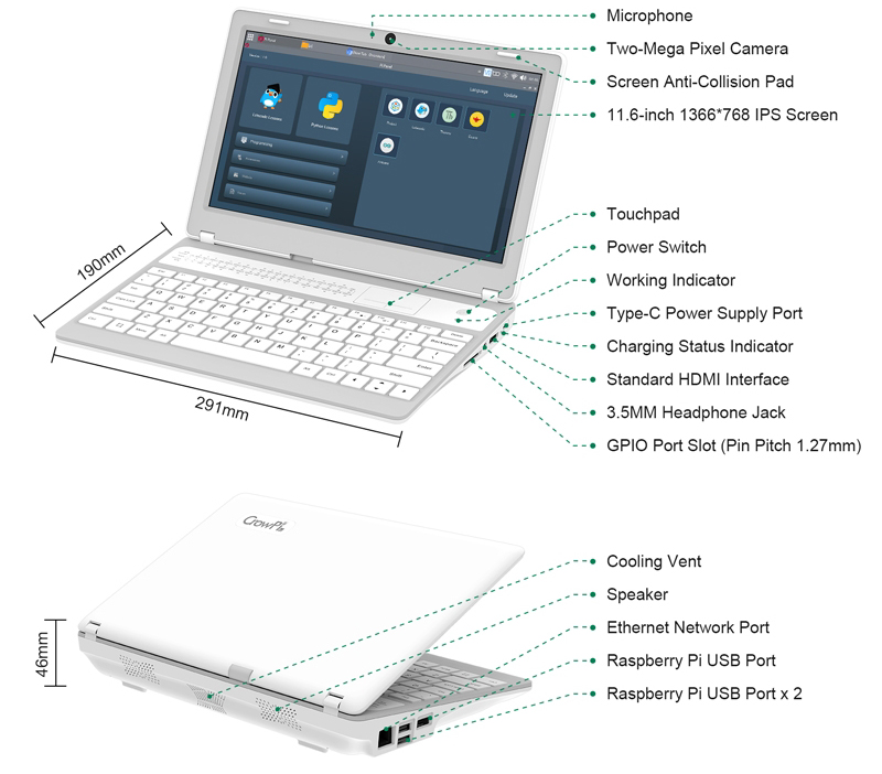 CrowPi L Advanced Raspberry Pi Laptop - White (US plug, No Raspberry Pi)