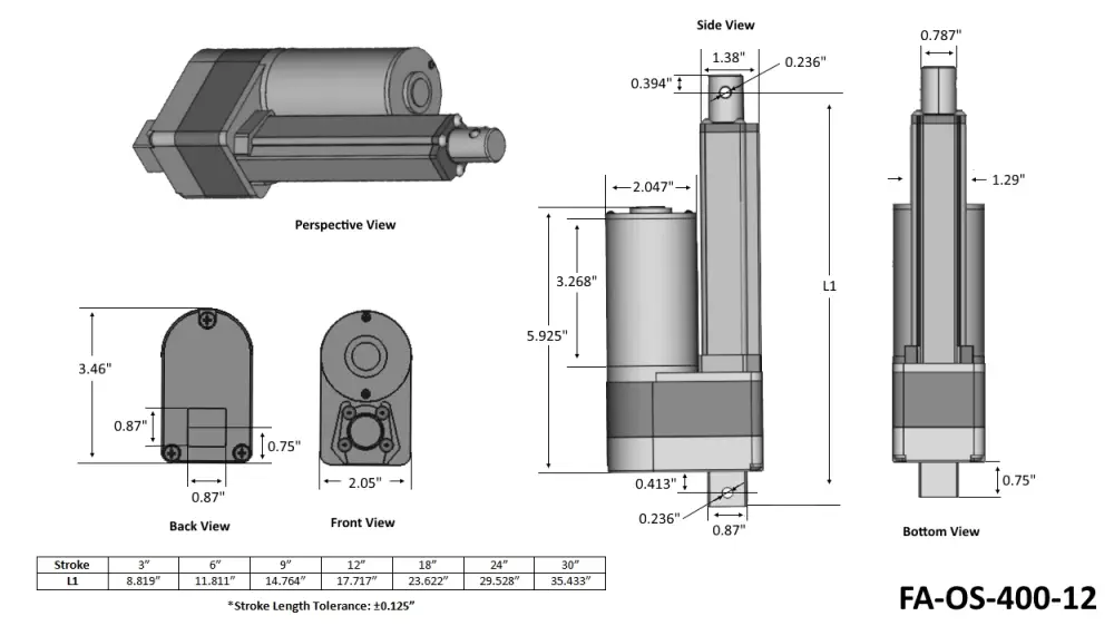 Firgelli OS Series Actuador Lineal con Retroalimentación de Fuerza de 400 lb y Trazo de 6" 