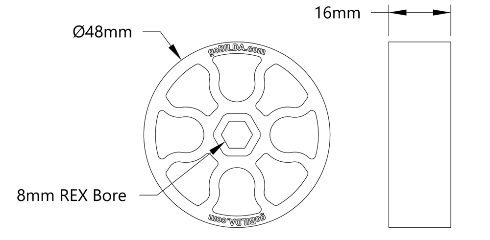 GoBilda 3613 Series Gecko Wheel (8mm REX Bore, 48mm Diameter) - Click to Enlarge