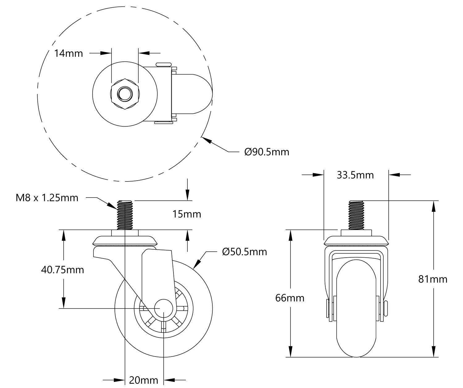 GoBilda Swivel Caster Wheel (M8 x 1.25mm Male Stud) - Click to Enlarge