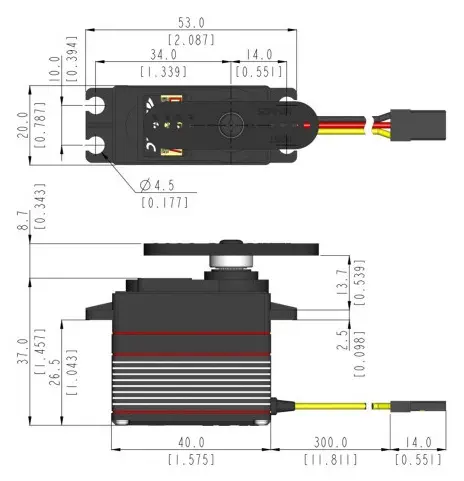 D955TW 32ビット ワイド電圧 高トルク Ti ギアサーボ - 寸法