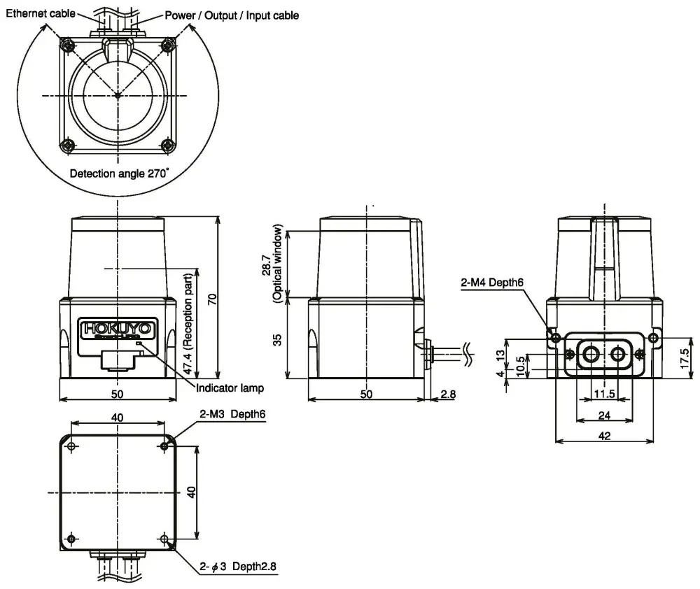 Hokuyo UST-30LX Scanning Laser Rangefinder - Dimensions