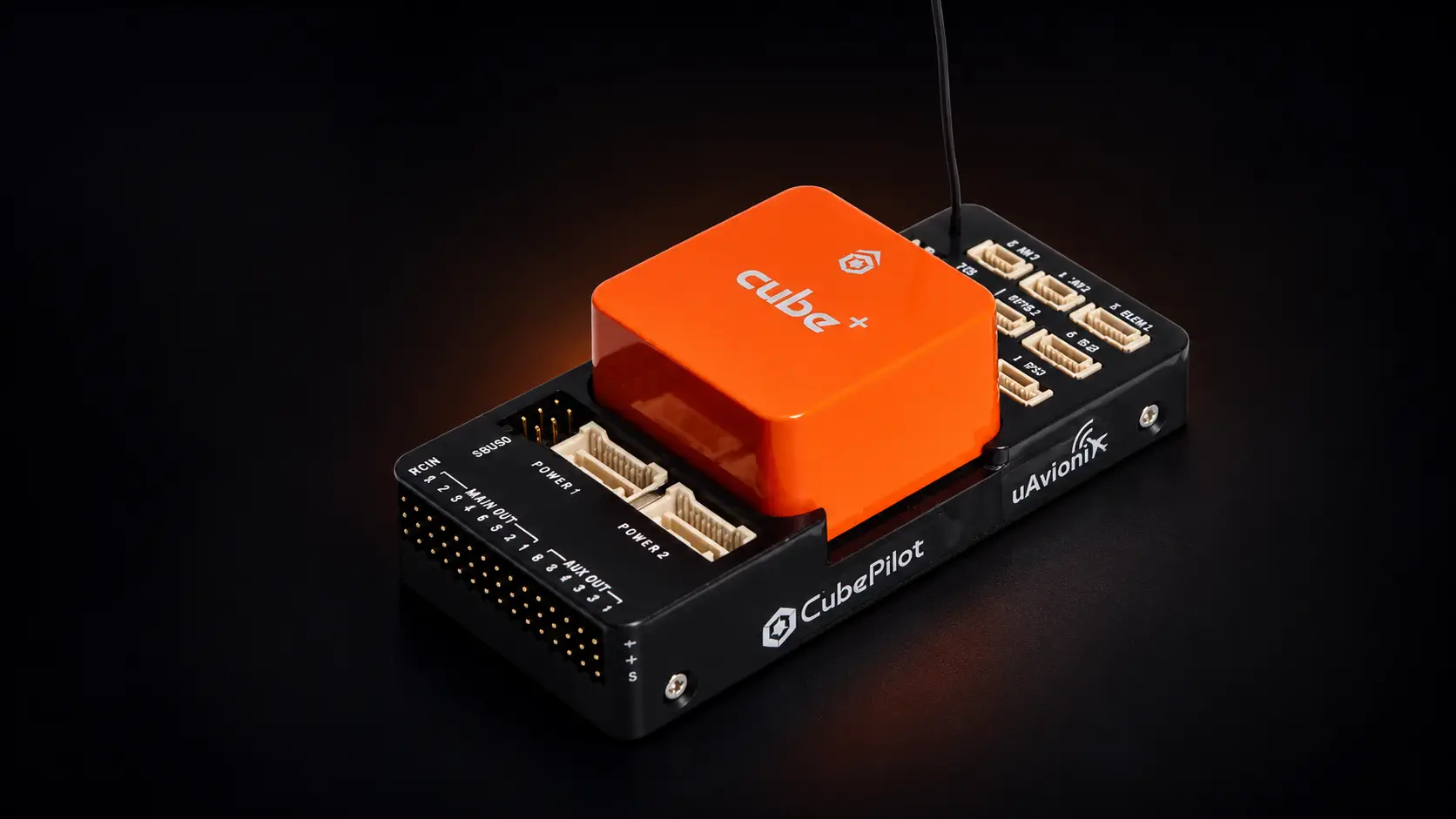Cube Orange autopilot module seated on the ADS-B carrier board with antenna fitted