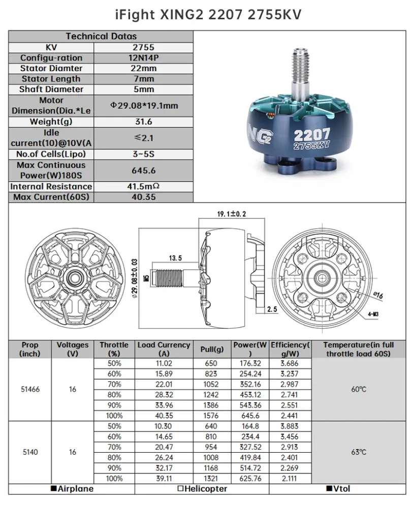 iFlight XING2 2207 FPV Motor Unibell 2755KV - Dimensions