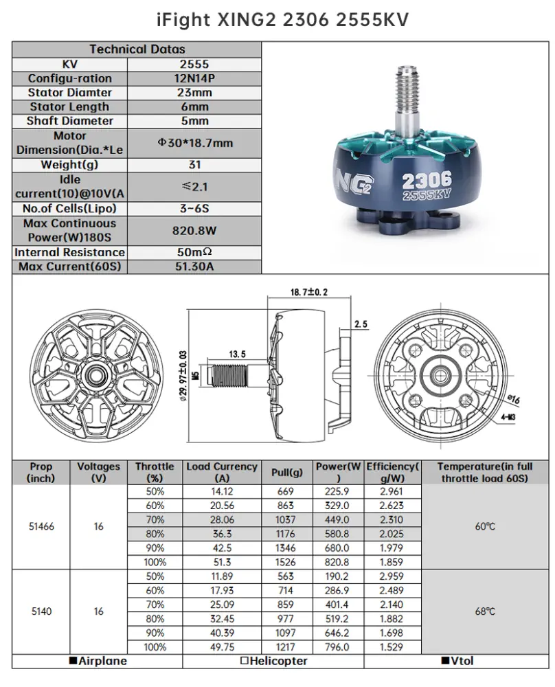 XING2 2306 FPV Motor Unibell 2555KV - Dimensions