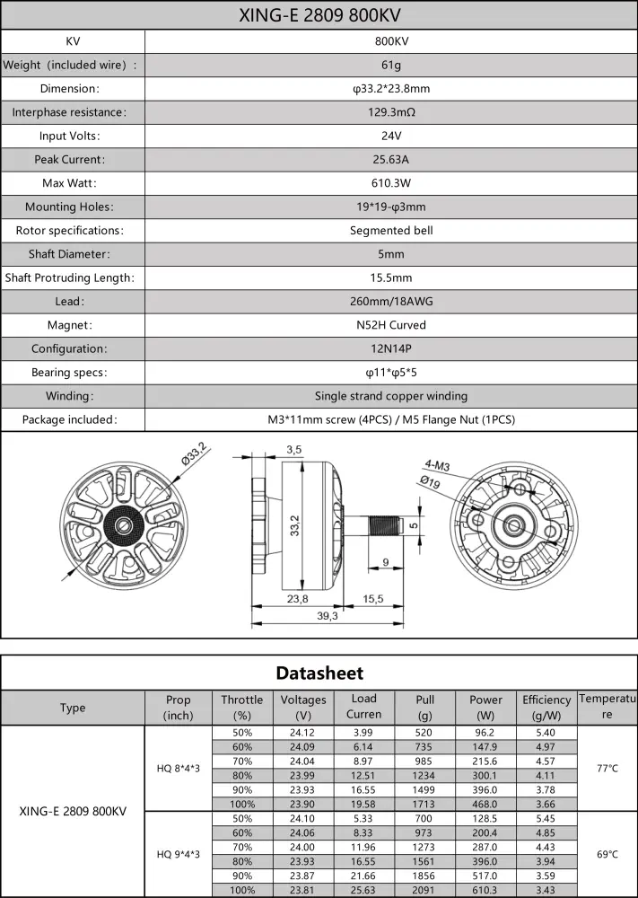 iFlight XING-E 2809 Cinelifter Motor 800KV - Dimensions