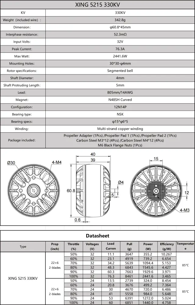 XING 5215 X Class Motor 330KV - Dimensions