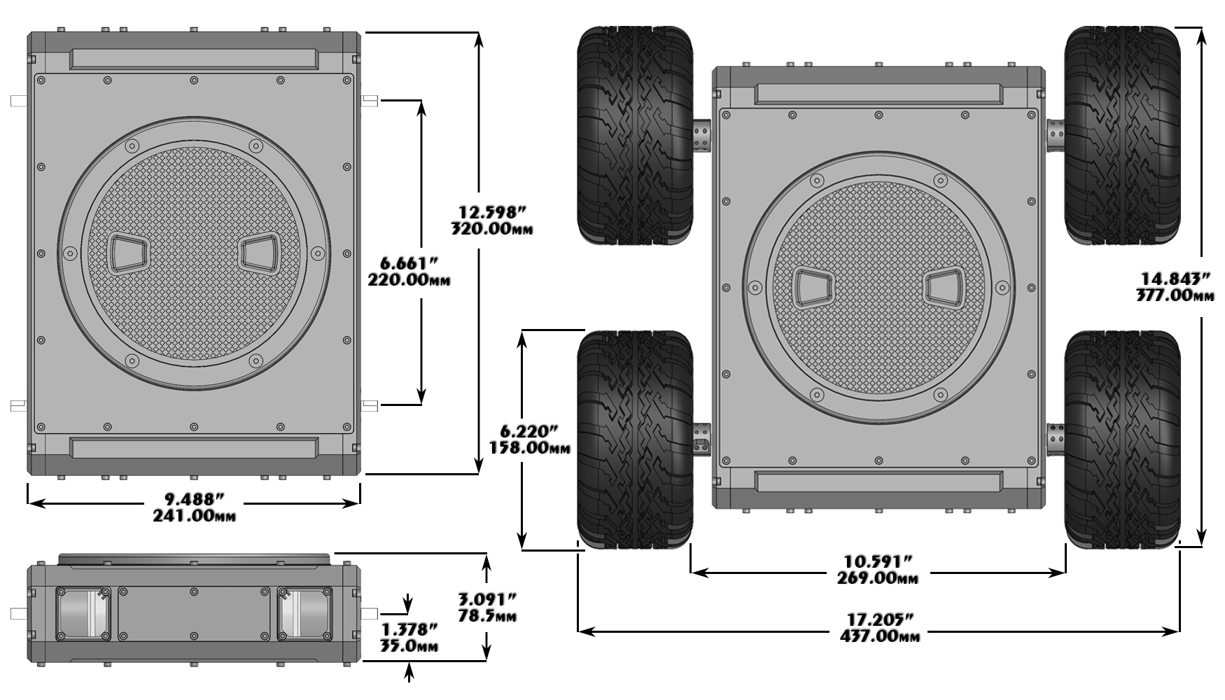 Lynxmotion - A4WD3 Rugged Rover Wheeled Kit - Dimensions - Click to Enlarge