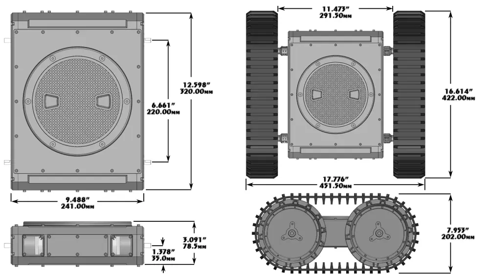 Kit de Rover Robusto de Orugas RC A4WD3 Lynxmotion - Dimensiones