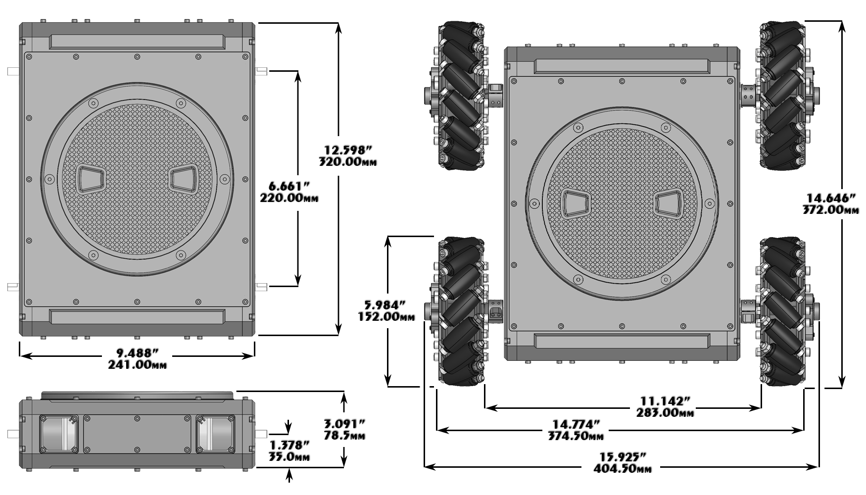Kit de Rover Mecanum Robusto Autónomo A4WD3 Lynxmotion - Dimensiones