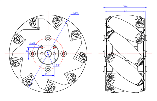100mm Aluminum Mecanum Wheel w/ 4mm Shaft Connector Set- Click to Enlarge