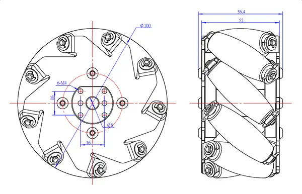 Rueda de Aluminio de 100 mm Mecanum con Juego de Conectores de Eje de 4 mm - Haga clic para ampliar