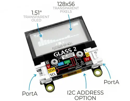 M5Stack Glass 2 Unité avec Écran OLED Transparent de 1,51 pouce