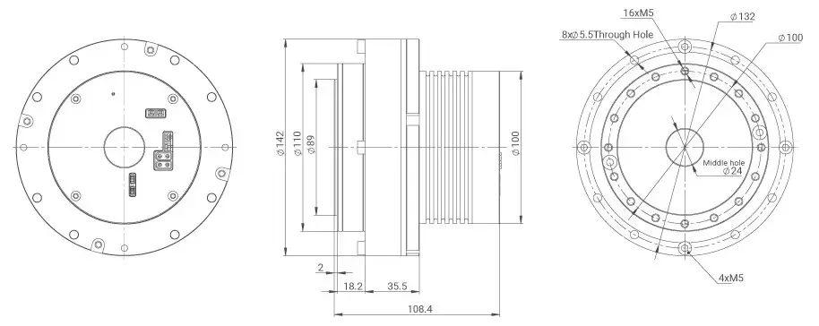 Actuador BLDC MyActuator EPS-RH-32-100-E-N-D, Encoder Dual, Relación de Reducción 100:1, Transmisión Armónica Hueca, de CAN y Ethercat