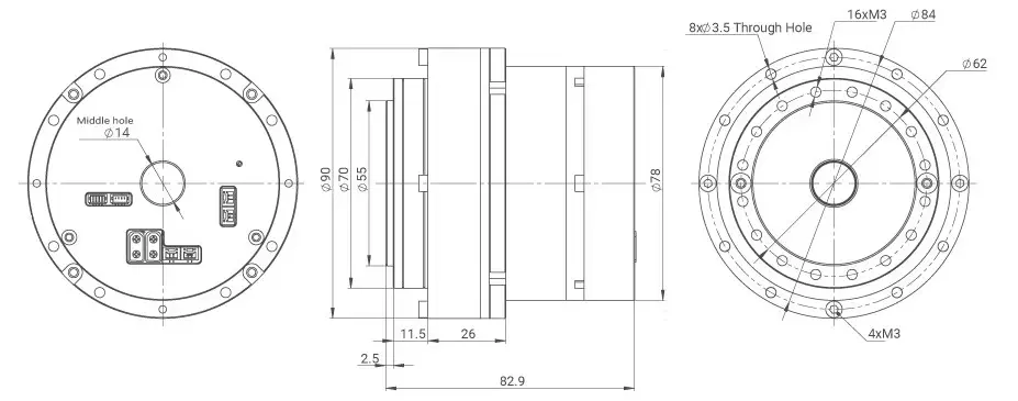 Actuador BLDC Serie RH MyActuator, Codificador Dual, 100:1 Transmisión Armónica Hueca, Comunicación CAN y Ethercat, 80 N.m Torque Pico s/ Freno