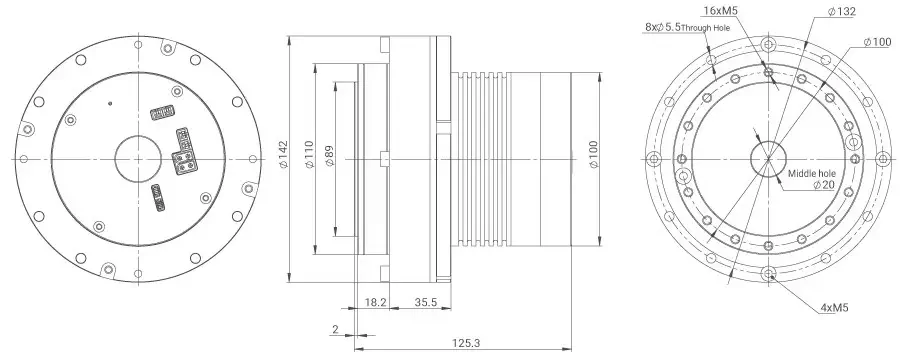 Actuador BLDC Serie RH MyActuator, Codificador Dual, Transmisión Armónica Hueca 100:1, Comunicación CAN y Ethercat, 229 N.m Torque Pico c/ Freno