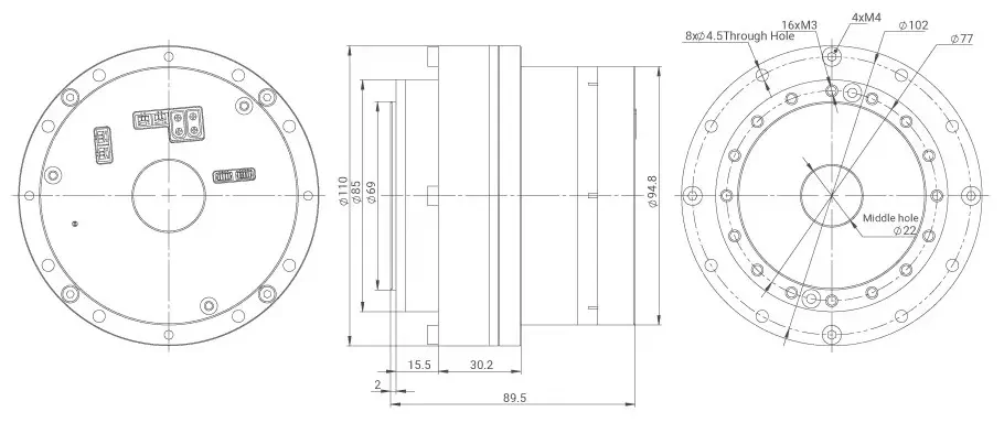 MyActuator Série RH Actionneur BLDC, Double Encodeur, 100:1 Transmission Harmonique Creuse, Communication CAN & Ethercat, 157 N.m Couple de Crête sans Frein
