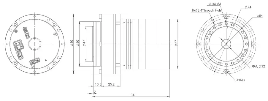 MyActuator Série RH Actionneur BLDC, Double Encodeur, 100:1 Transmission Harmonique Creuse, Communication CAN & Ethercat, 54 N.m Couple de Crête avec Frein