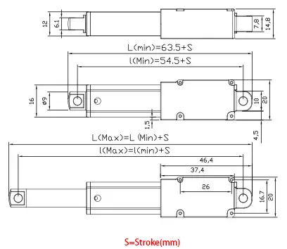 DC Linear Actuator - 100mm - 60N - Dimensions