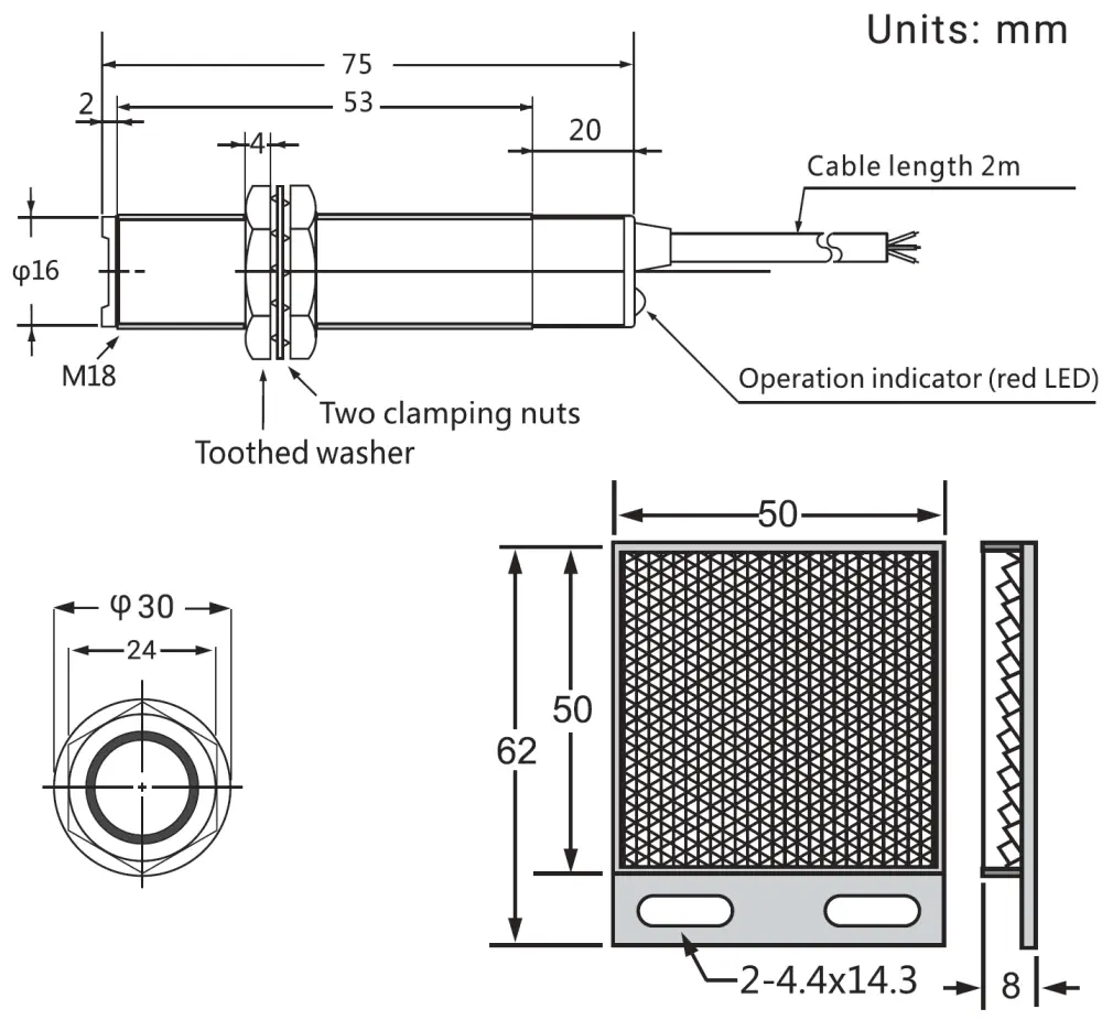 IR Reflective Proximity Sensor - 2m - Dimensions