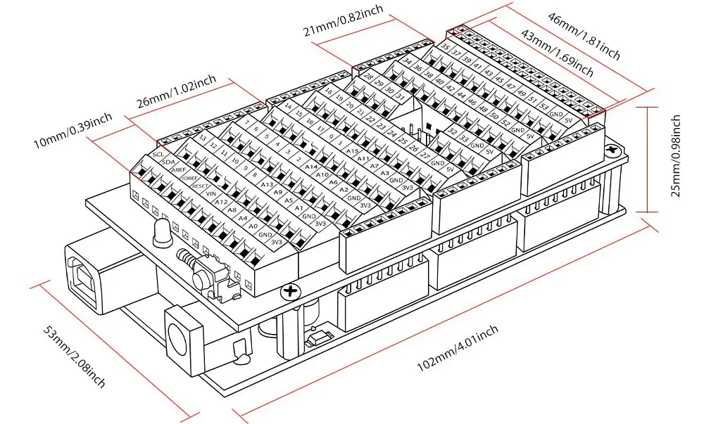 Schraubklemmenblock GPIO-Erweiterungsplatine für Arduino MEGA 2560 R3