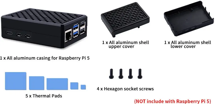 52Pi Armor Case V5 Passieve Koeling Aluminium Behuizing voor Raspberry Pi 5 (Zwart)