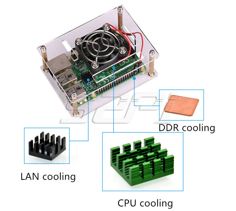 Caja Acrílica Transparente c/ Ventilador de Enfriamiento y Fuente de Alimentación de 3A 5V para Raspberry Pi