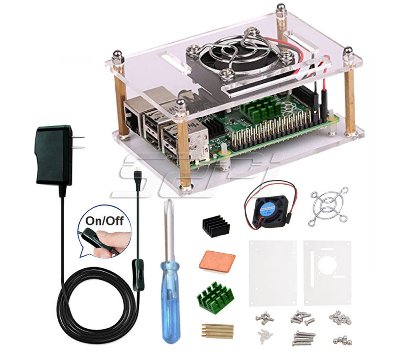 Acrylic Clear Enclosure w/ Cooling Fan and 3A 5V Power Supply for Raspberry Pi - Click to Enlarge