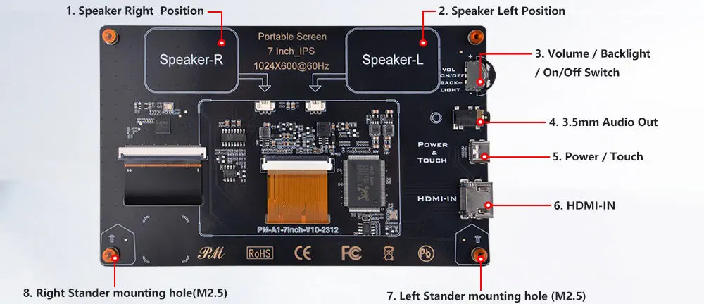 52Pi 7-inch IPS Touch Screen 1024x600 w/ Speakers for Raspberry Pi, Windows PC