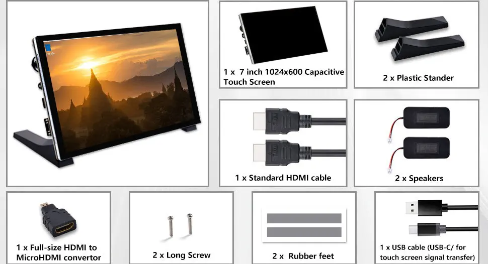 52Pi 7-inch IPS Touch Screen 1024x600 w/ Speakers for Raspberry Pi, Windows PC