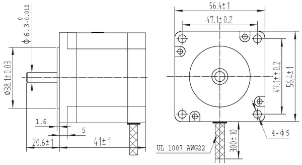 Stepper Motor: Unipolar/Bipolar, 200 Steps/Rev, 57×41mm, 5.7V, 1 A/Phase - Dimensions