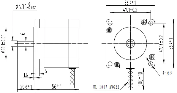 Stepper Motor Unipolar/Bipolar 200 Steps/Rev 57×56mm 3.6V 2 A/Phase - Dimensions