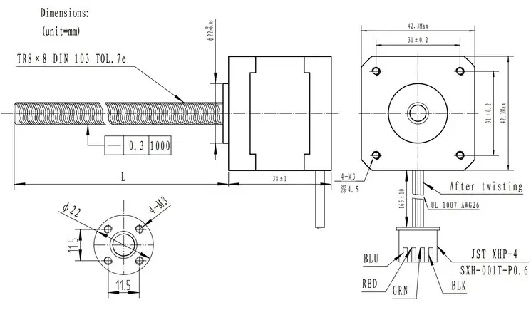 Stepper Motor with 18cm Lead Screw Technical Drawing - Dimensions