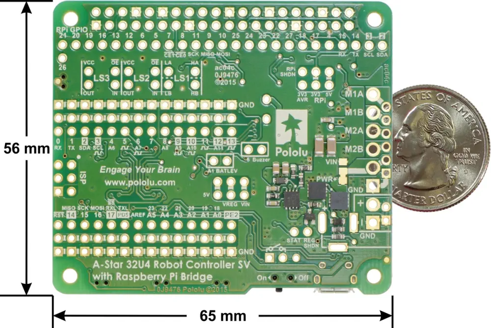 A-Star 32U4 Robot Controller SV with Raspberry Pi Bridge - Dimensions