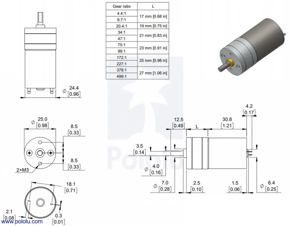 172:1 Metal Gearmotor 25Dx56L mm MP 12V - Dimensions