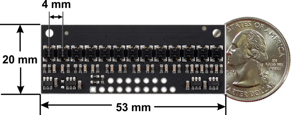 QTRX-HD-13RC Reflectance Sensor Array: 13-Channel, 4mm Pitch, RC Output - Dimensions