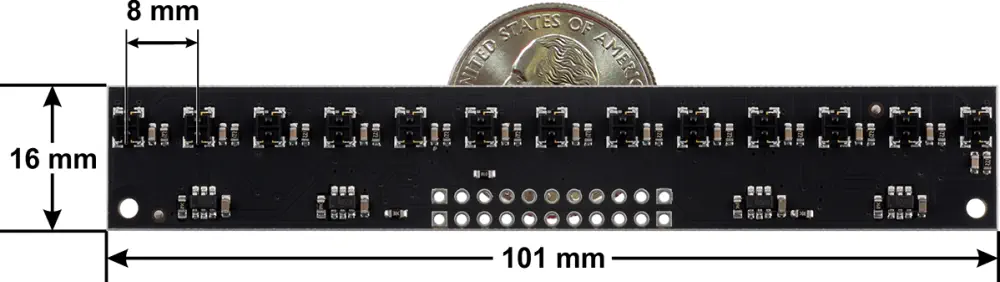 QTRX-MD-13RC Reflectance Sensor Array: 13-Channel, 8mm Pitch, RC Output - Dimensions