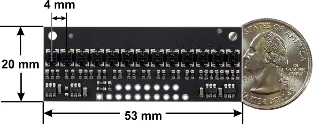 QTRX-HD-13A Reflectance Sensor Array: 13-Channel, 4mm Pitch, Analog Output - Dimensions