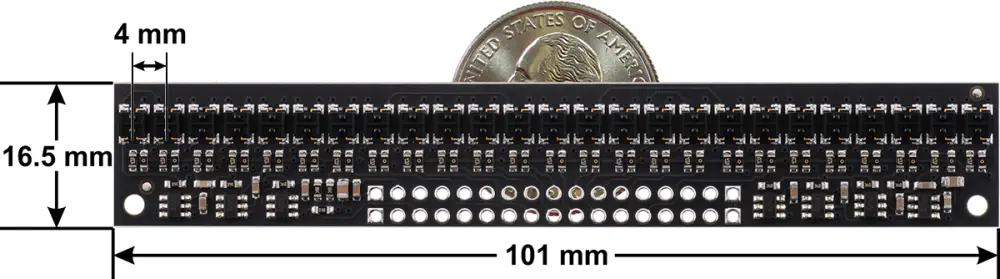 QTRX-HD-25A Reflectance Sensor Array: 25-Channel, 4mm Pitch, Analog Output - Dimensions