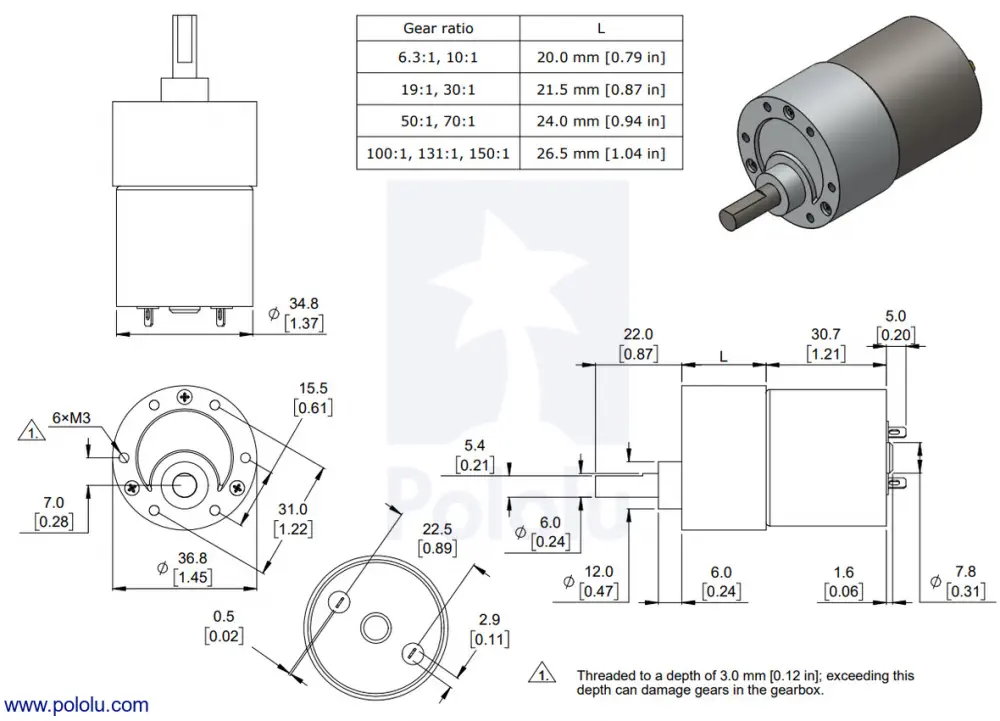 6.3:1 Metal Gearmotor 37Dx50L mm 24V Helical Pinion Technical Drawing - Dimensions
