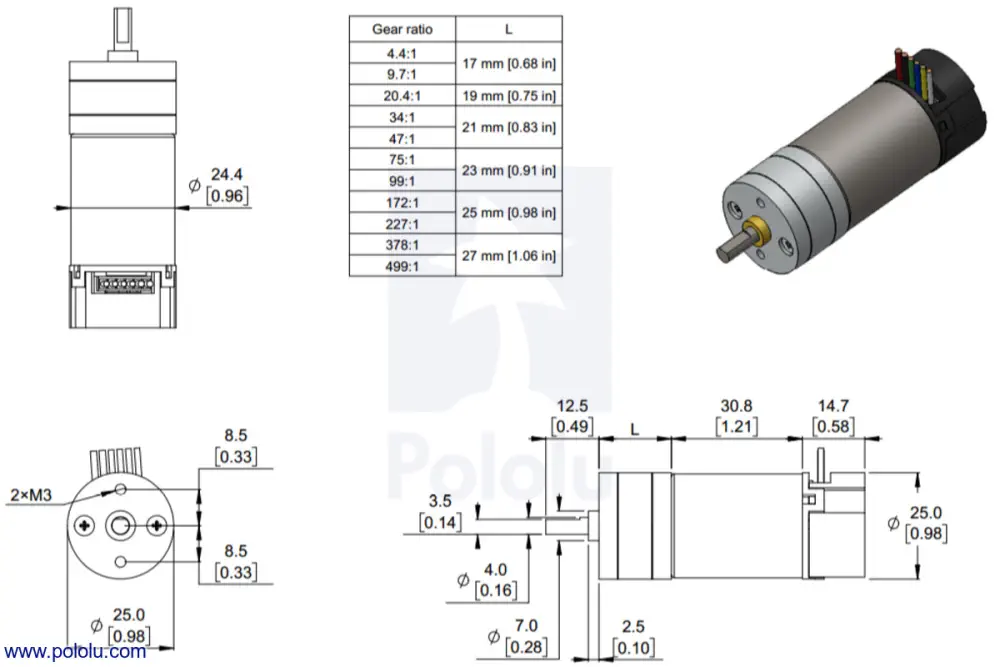 4.4:1 Metal Gearmotor Dimensions - Dimensions